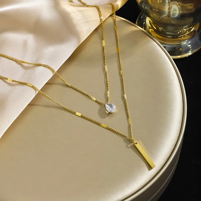 DOUBLE LAYERED NECKLACE WITH WATERDROP PENDANT NECKLACE_2